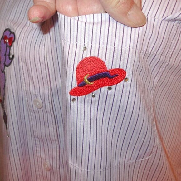 90s Vtg Las Olas Embroidered Poodle Top Size M Red Hat Society Purple Button Up - Picture 4 of 12